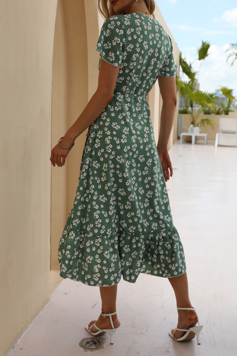 Vestidos elegantes de corte A con escote en V, volantes y frenillo floral (4 colores)