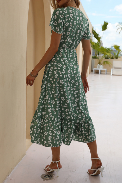 Vestidos elegantes de corte A con escote en V, volantes y frenillo floral (4 colores)