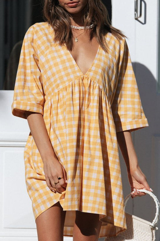 Vestidos princesa informales con cuello en V y patchwork a cuadros