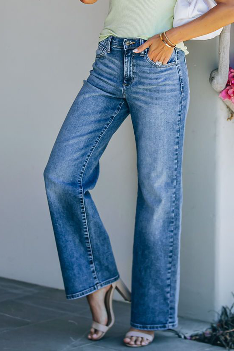 Pantalones de moda elegantes, lisos, básicos, rectos, de cintura media y pierna ancha