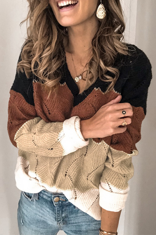 Suéter casual con cuello en V y patchwork en contraste