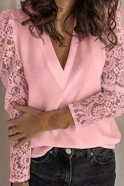 Elegante blusa de encaje liso con escote en V ahuecado (9 colores)