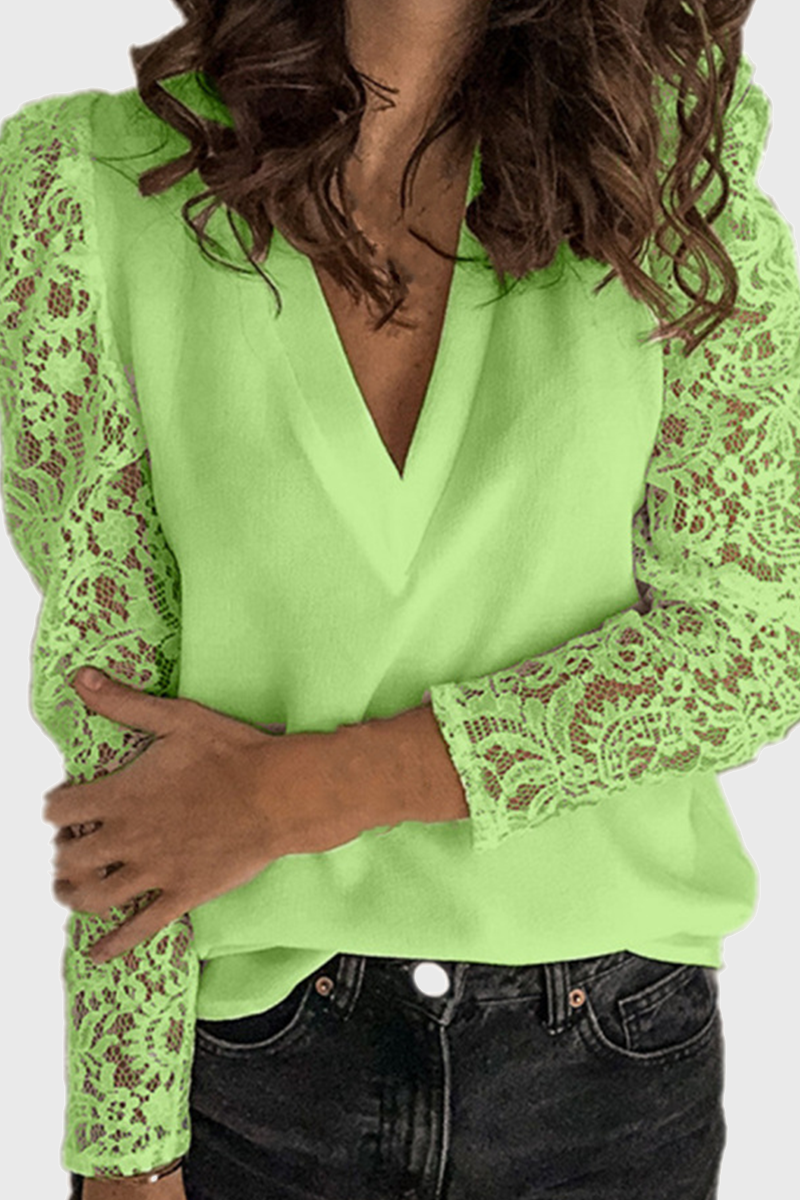 Elegante blusa de encaje liso con escote en V ahuecado (9 colores)
