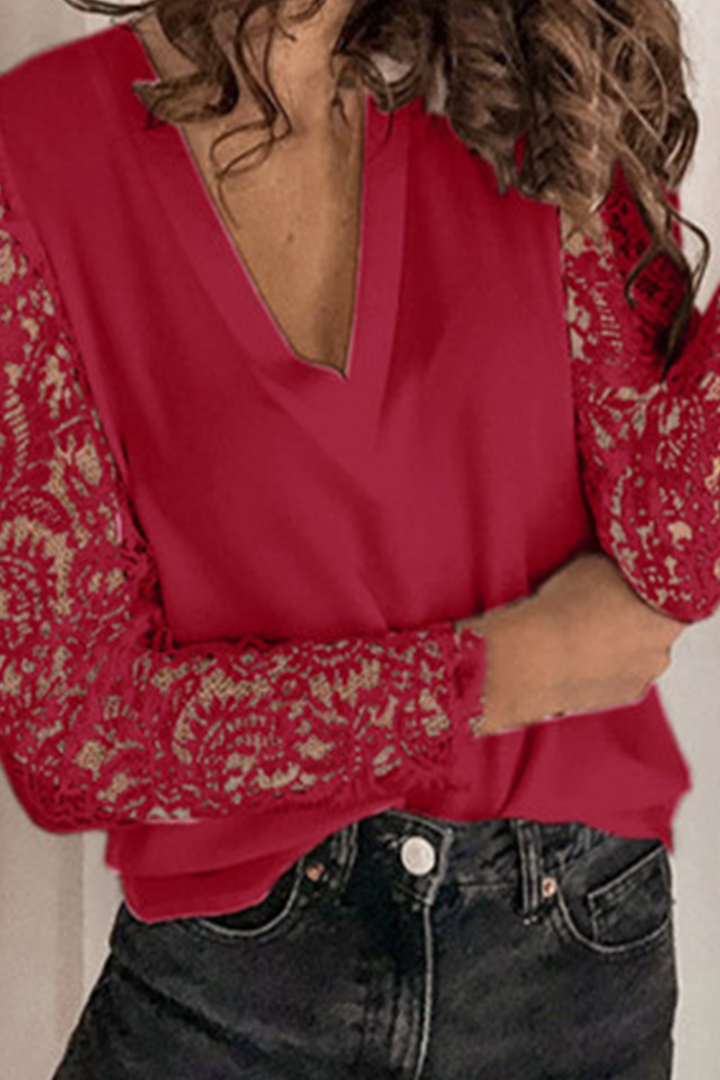 Elegante blusa de encaje liso con escote en V ahuecado (9 colores)