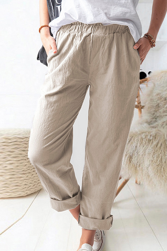 Pantalones casuales de color liso con bolsillos y parches lisos
