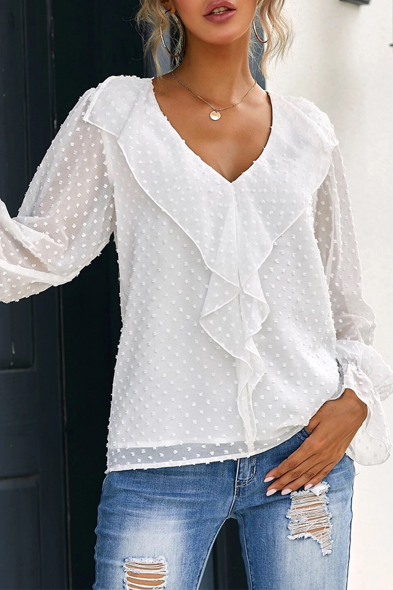 Elegante blusa de cuello en V con volantes y patchwork sólido