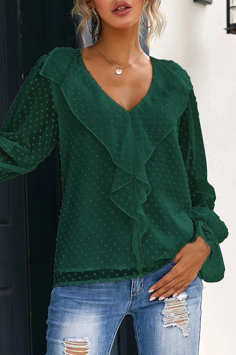 Elegante blusa de cuello en V con volantes y patchwork sólido