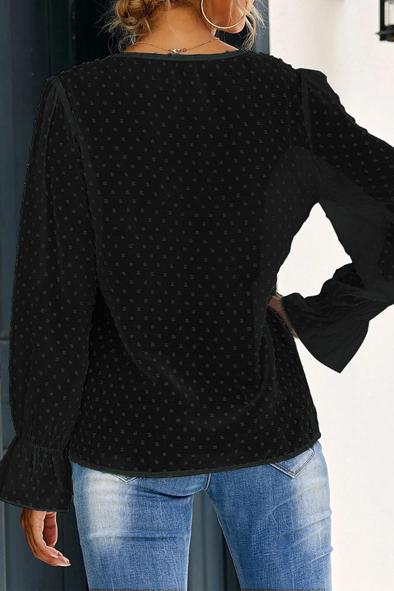 Elegante blusa de cuello en V con volantes y patchwork sólido