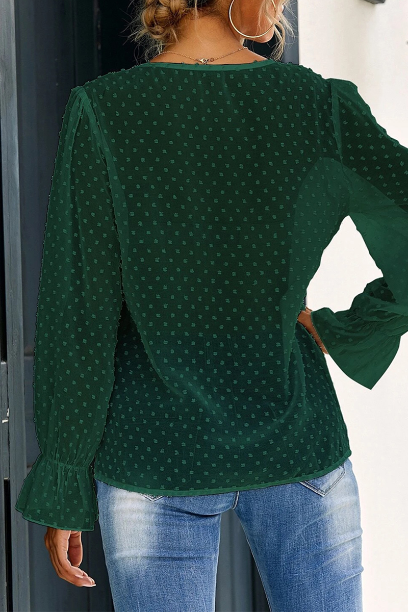 Elegante blusa de cuello en V con volantes y patchwork sólido
