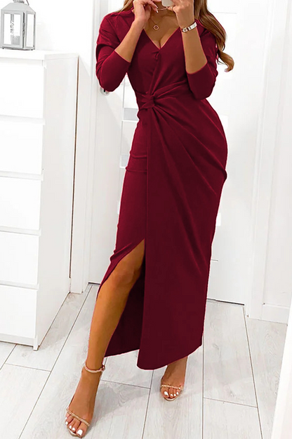 Elegante vestido de noche liso con abertura y escote en V (4 colores)