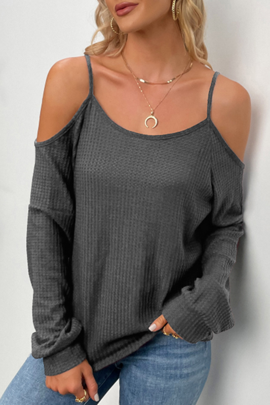 Tops casuales de cuello redondo con cordón ajustable y huecos sólidos