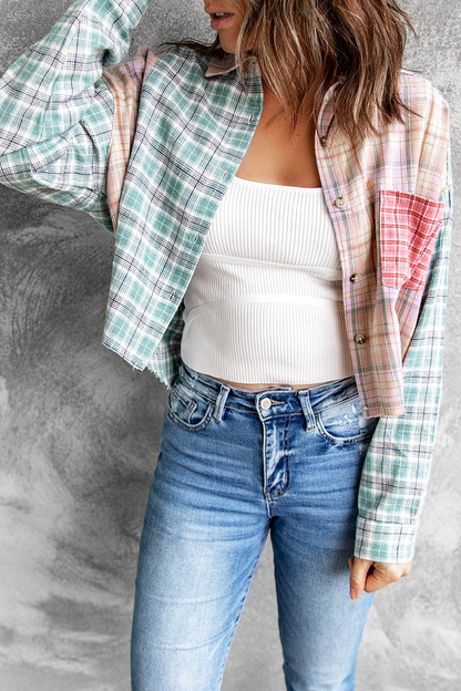 Tops casuales con cuello vuelto, hebilla y unión dividida a cuadros