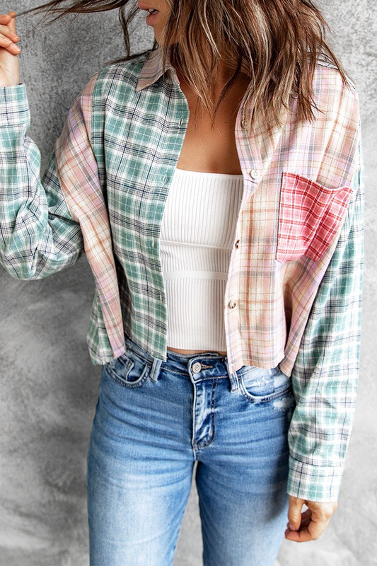Tops casuales con cuello vuelto, hebilla y unión dividida a cuadros