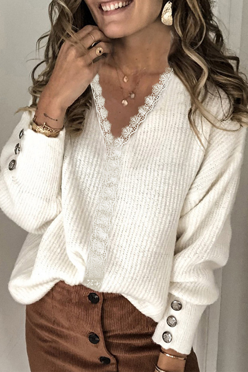 Tops casuales de encaje liso con hebilla y escote en V (12 colores)