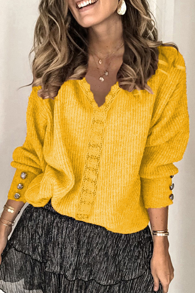 Tops casuales de encaje liso con hebilla y escote en V (12 colores)