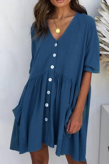 Vestidos casuales de corte A con escote en V y hebilla de bolsillo liso (4 colores)