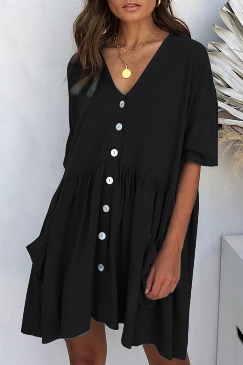 Vestidos casuales de corte A con escote en V y hebilla de bolsillo liso (4 colores)