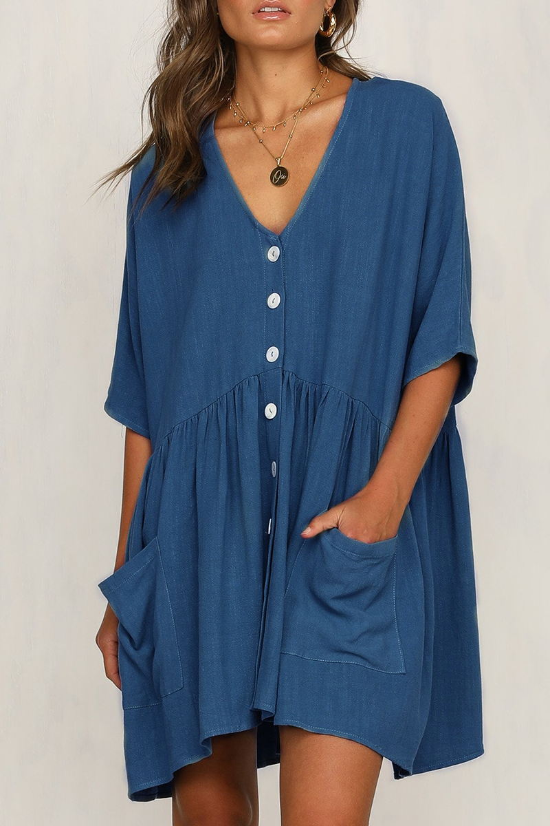 Vestidos casuales de corte A con escote en V y hebilla de bolsillo liso (4 colores)