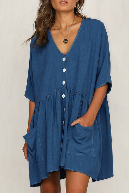 Vestidos casuales de corte A con escote en V y hebilla de bolsillo liso (4 colores)