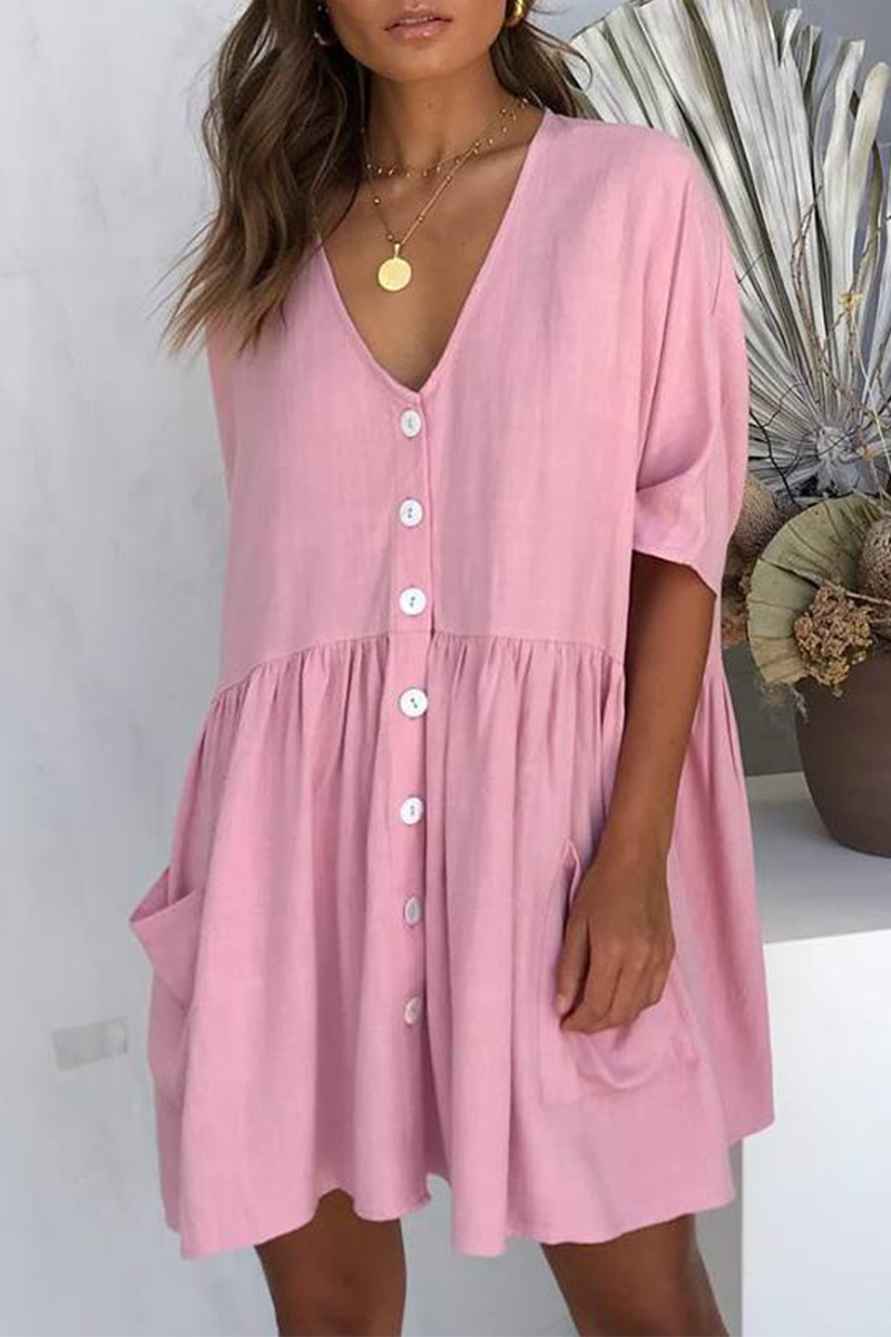 Vestidos casuales de corte A con escote en V y hebilla de bolsillo liso (4 colores)