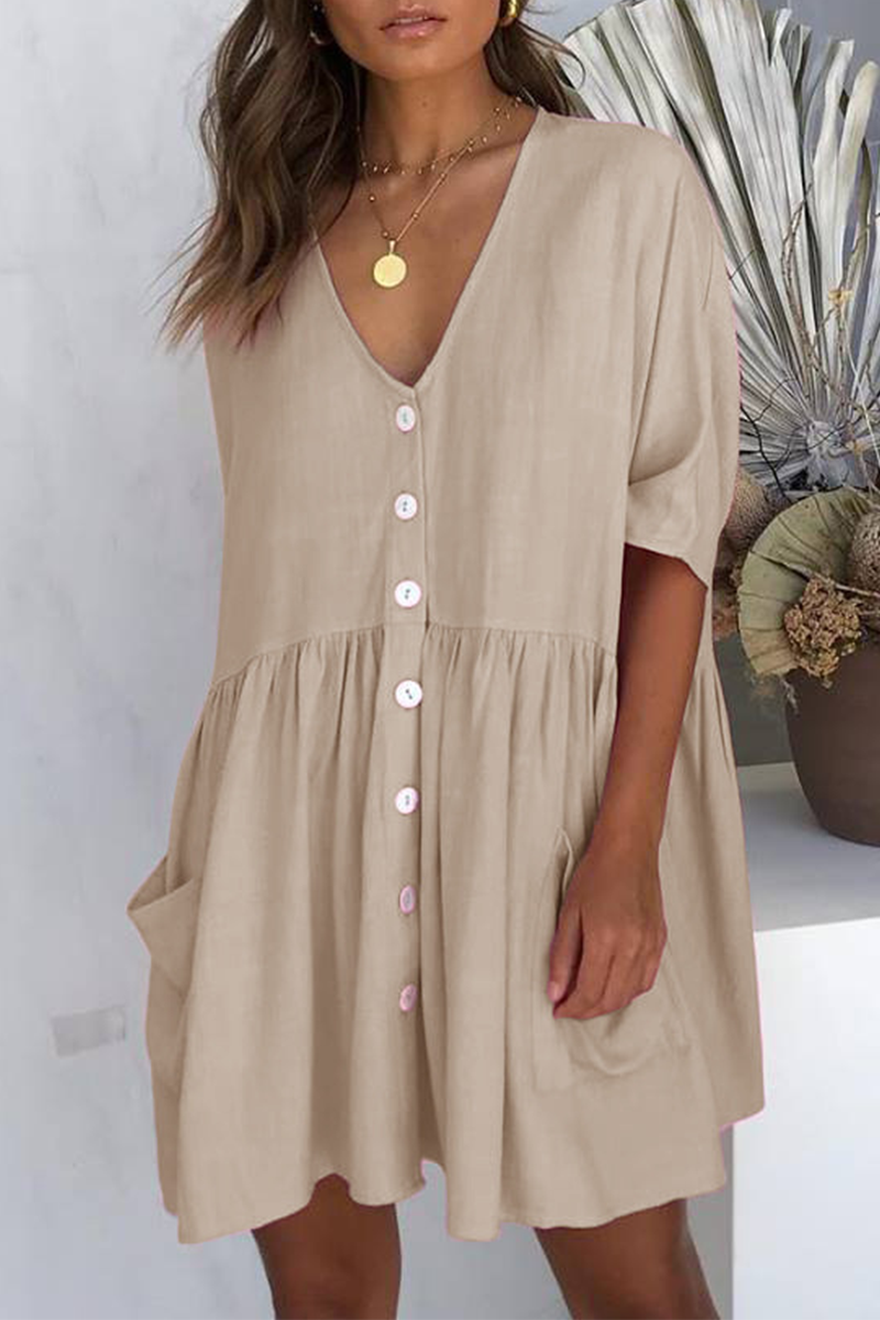 Vestidos casuales de corte A con escote en V y hebilla de bolsillo liso (4 colores)