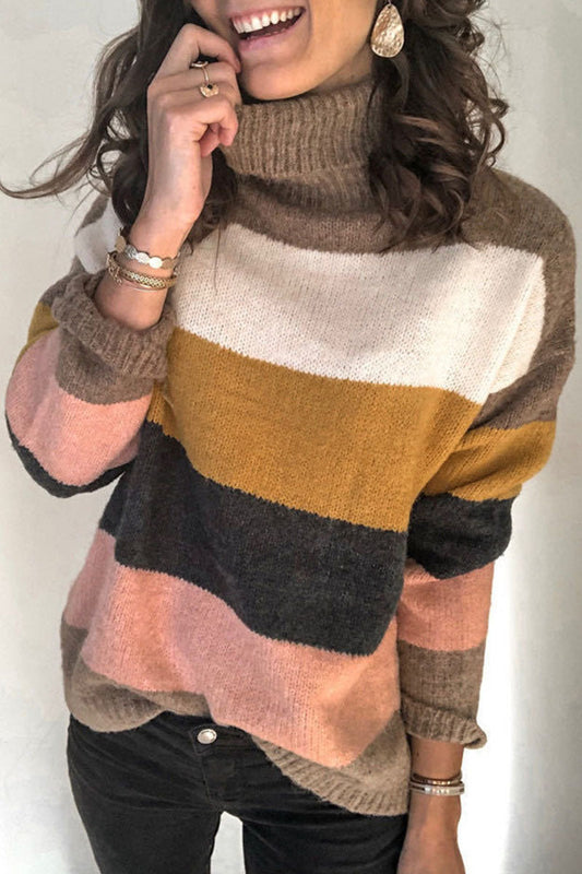 Tops de cuello alto con patchwork a rayas de moda urbana