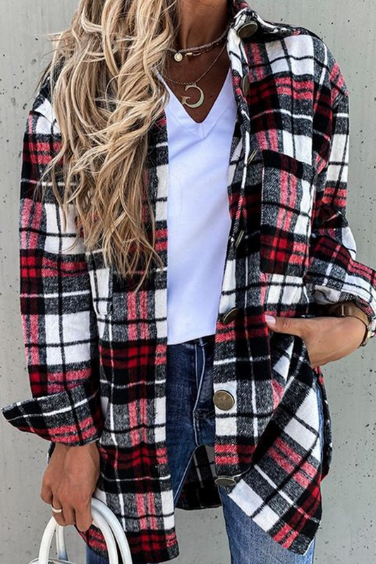 Prenda de abrigo informal vintage con cuello vuelto, hebilla y retazos a cuadros (8 colores)