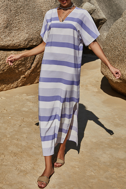 Vestidos casuales de rayas con patchwork y escote en V con abertura