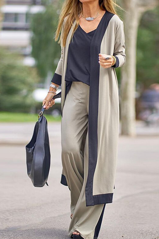 Conjunto informal elegante de tres piezas con escote en V y manga larga en contraste (5 colores)