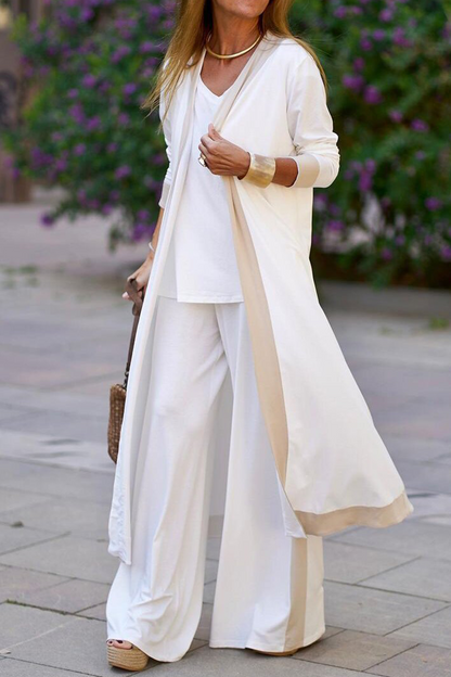 Conjunto informal elegante de tres piezas con escote en V y manga larga en contraste (5 colores)
