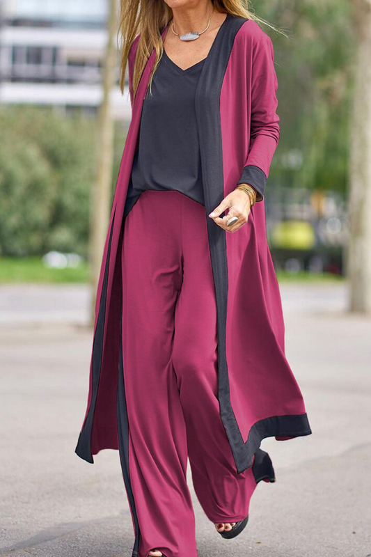 Conjunto informal elegante de tres piezas con escote en V y manga larga en contraste (5 colores)