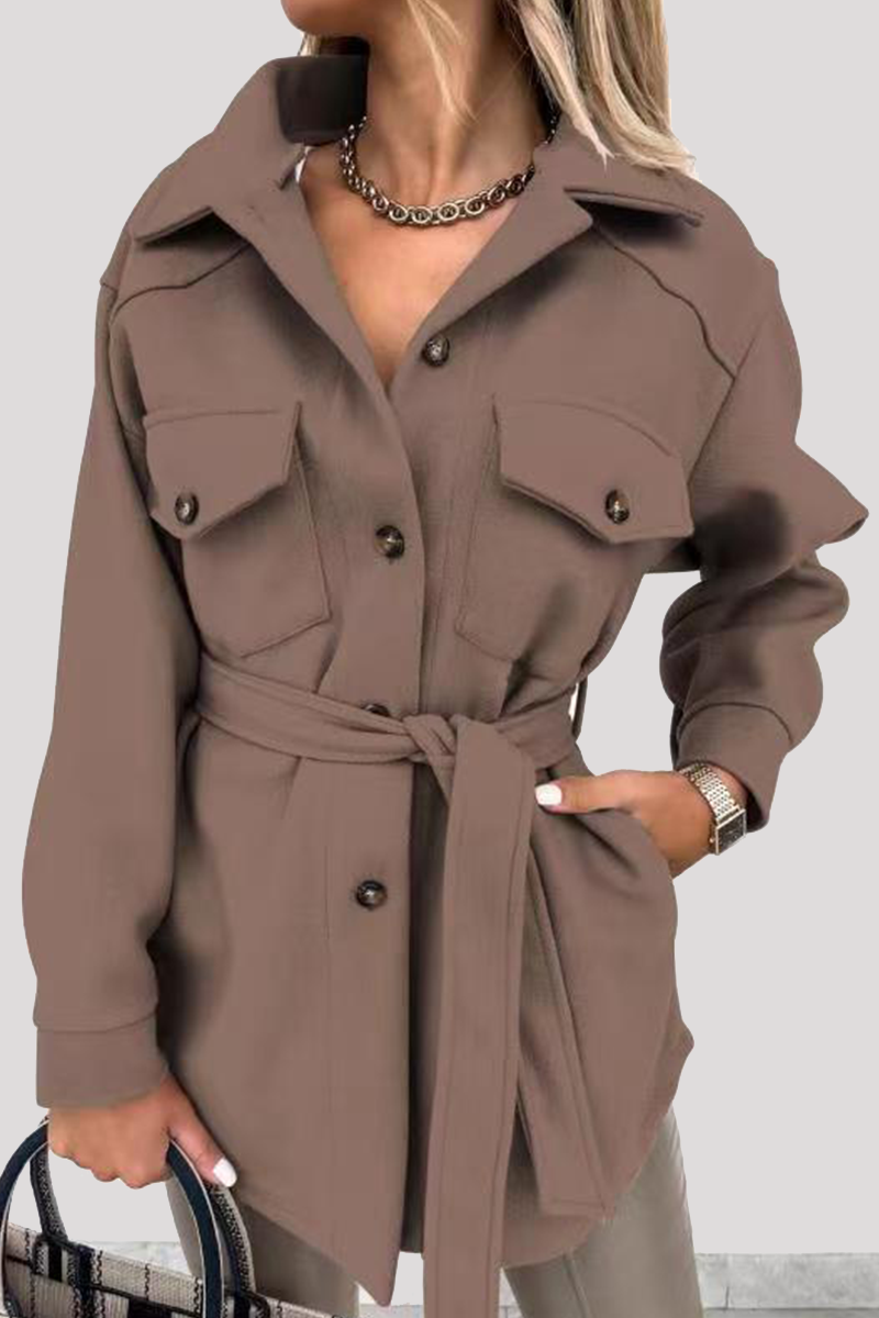 Casual Street Solid Buckle With Belt Turndown Collar Outerwear