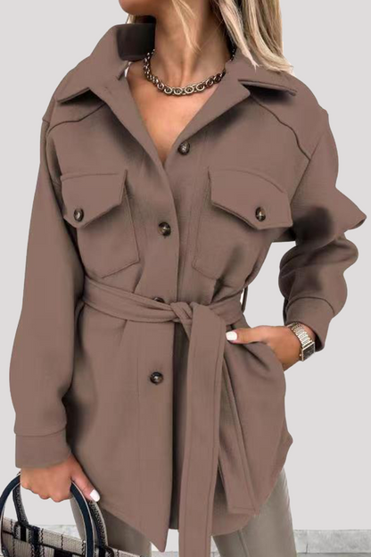 Casual Street Solid Buckle With Belt Turndown Collar Outerwear