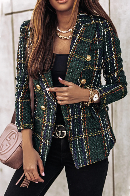 Elegante prenda exterior con cuello vuelto, hebilla y patchwork a rayas a cuadros