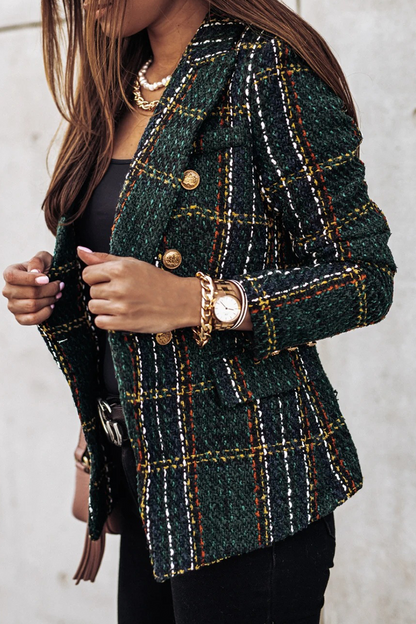 Elegante prenda exterior con cuello vuelto, hebilla y patchwork a rayas a cuadros