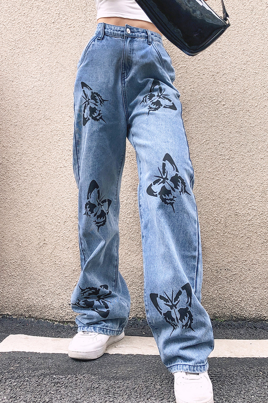 Pantalones rectos de pierna ancha con estampado de mariposas de Fashion Street