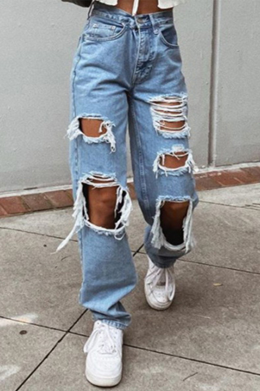Pantalones de pierna ancha con parches y borlas rasgados de estilo urbano