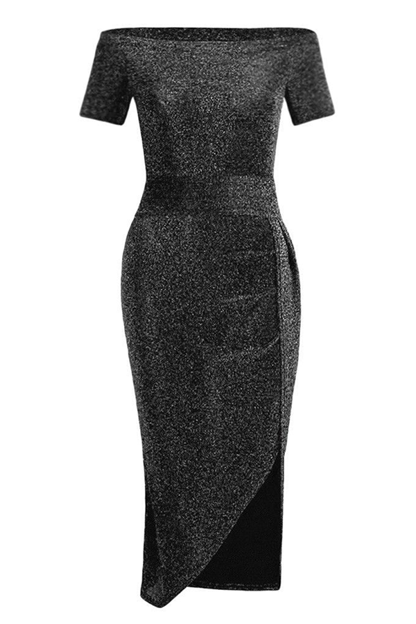 Elegante vestido de falda cruzada con hombros descubiertos, lentejuelas y abertura sólida (3 colores £©)