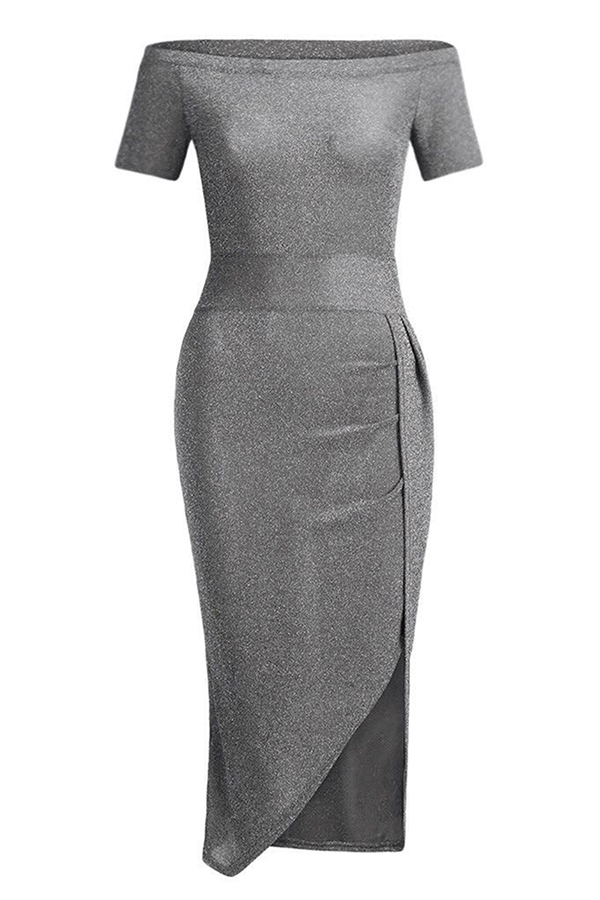 Elegante vestido de falda cruzada con hombros descubiertos, lentejuelas y abertura sólida (3 colores £©)