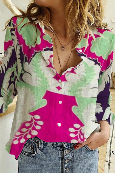 Blusa informal con cuello vuelto y hebilla con estampado (7 colores)