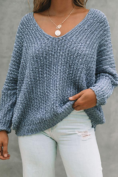 Tops casuales de calle con cuello en V dividido y unicolor