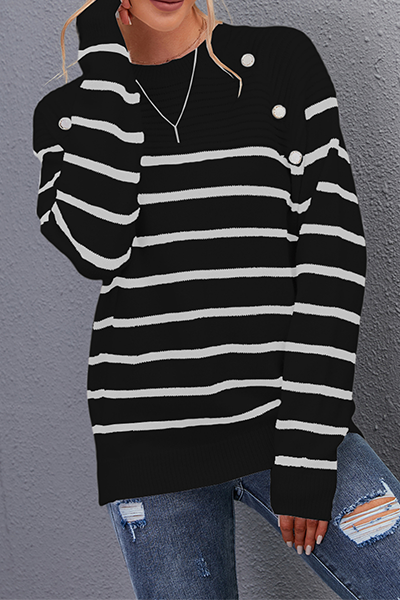 Tops casuales de rayas con botones y cuello redondo