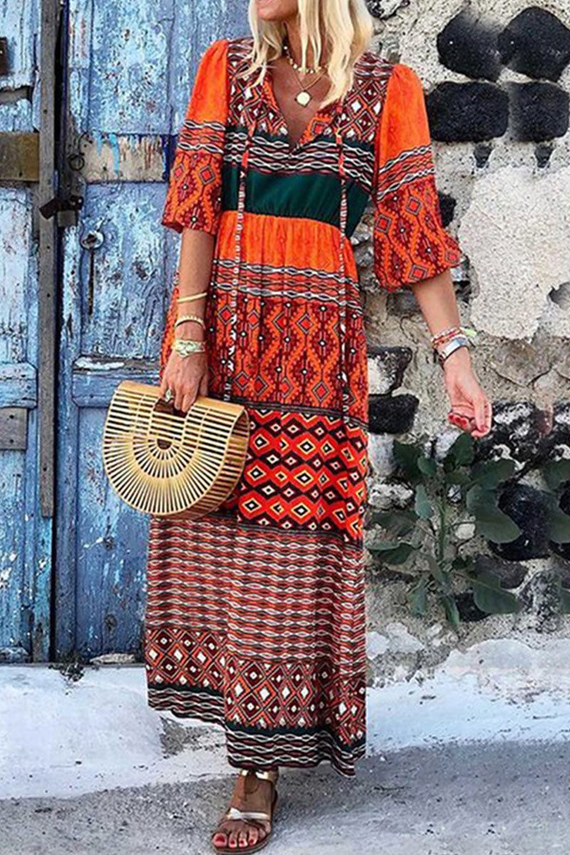 Vestidos de moda con estampado bohemio, escote en V dividido y corte en A