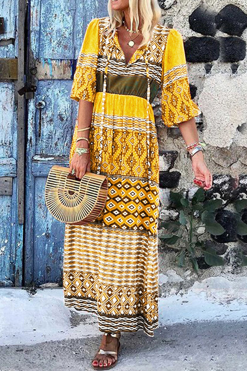 Vestidos de moda con estampado bohemio, escote en V dividido y corte en A