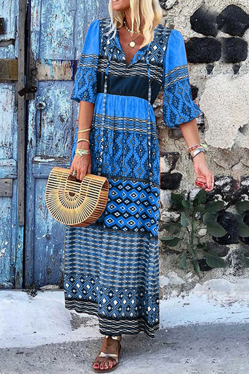Vestidos de moda con estampado bohemio, escote en V dividido y corte en A