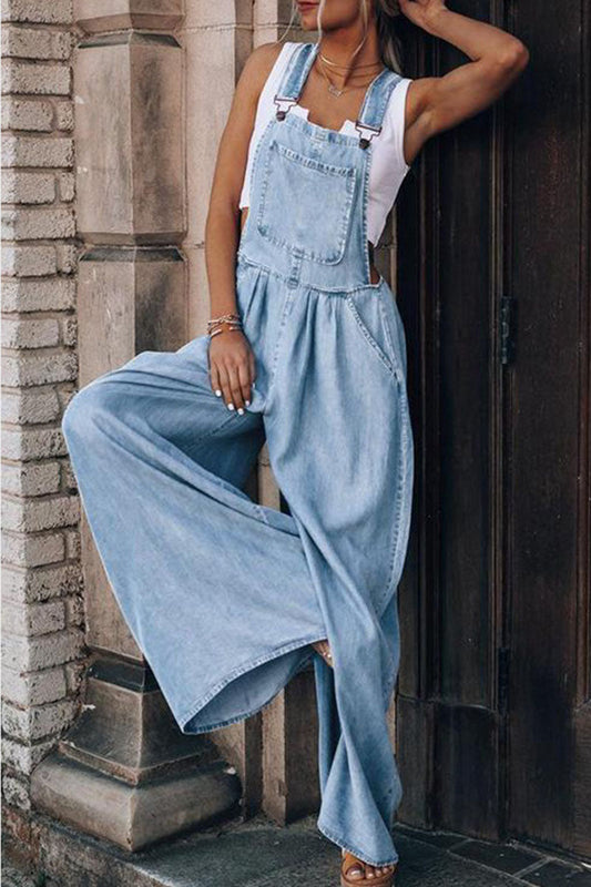 Mono holgado informal de moda con bolsillos sólidos y tirantes finos (3 colores)