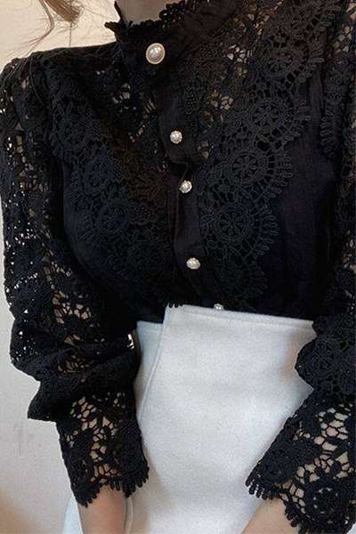 Blusa elegante de cuello mandarín con hebilla ahuecada y encaje de patchwork (3 colores)