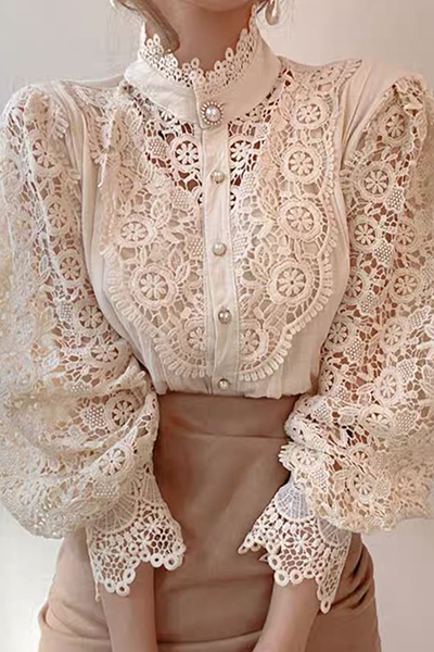 Blusa elegante de cuello mandarín con hebilla ahuecada y encaje de patchwork (3 colores)