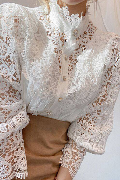 Blusa elegante de cuello mandarín con hebilla ahuecada y encaje de patchwork (3 colores)