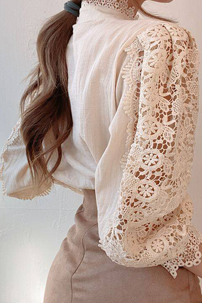 Blusa elegante de cuello mandarín con hebilla ahuecada y encaje de patchwork (3 colores)